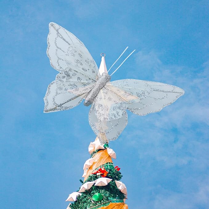 YCHTEWY- Artificial Butterfly for Decoration Silvery Ornament Tree Set of 12 with Wire Valentine's Day Gift Christmas and Wedding Decoration