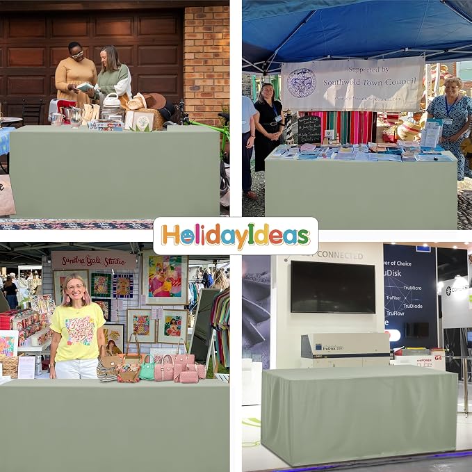 HolidayIdeas 4-Pack 8ft Open Back Fitted Tablecloths for Craft Shows Sage Green