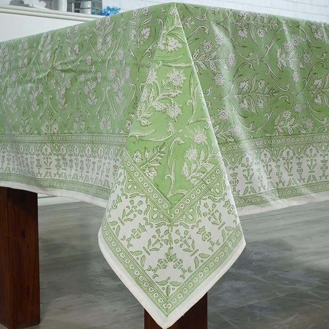 Ridhi Pear Green Hand Block Print Cotton Rectangle Tablecloth 160" x 72" inches Reusable Table Cover Decorative Everyday Use for Dining Room, Farmhouse, Home Gift for Spring, Mother's Day