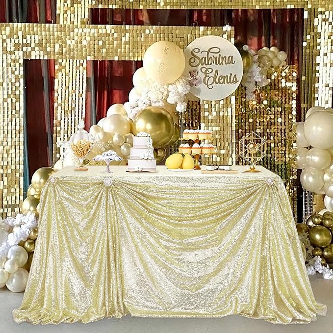 B-COOL Light Gold Rectangle Sequin Tablecloth: 60x102 Inches Sparkle Tablecloth for Outdoor Ramadan Party Banquet Anniversaries Decorations