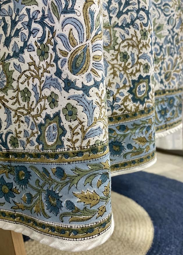 Ridhi Round Tablecloth Hand Block Print 100% Cotton Reusable Indigo Flower 110 Inch Table Cover Decorative Everyday Use for Dining, Home, Party, Wedding, Farmhouse, Party Gift for Spring, Mother's Day