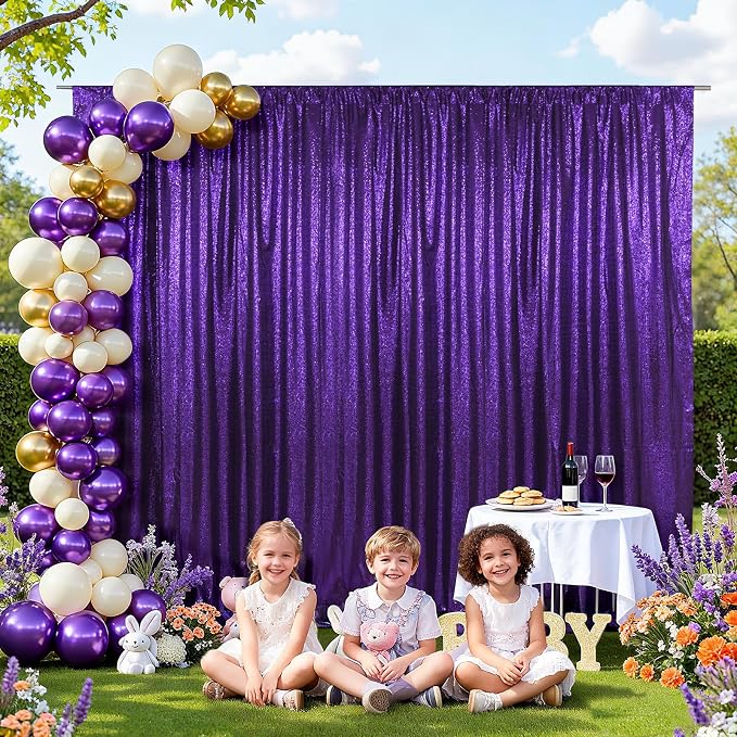 SquarePie 10x10ft Purple Sequin Backdrop for Photography, Satin-Backed Real Sequin Curtain, Enhanced Coverage Shimmering Background with 4" Rod Pocket for Wedding, Birthday, Party Decor, 1 Panel