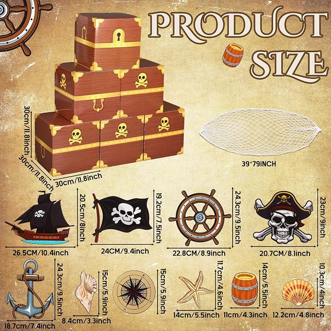 17 Pcs Pirate Party Decorations Set Cardboard Pirate Treasure Chest Box Stickers with Fish Net for Western Cowboy Birthday Party Trunk or Treat Supplies