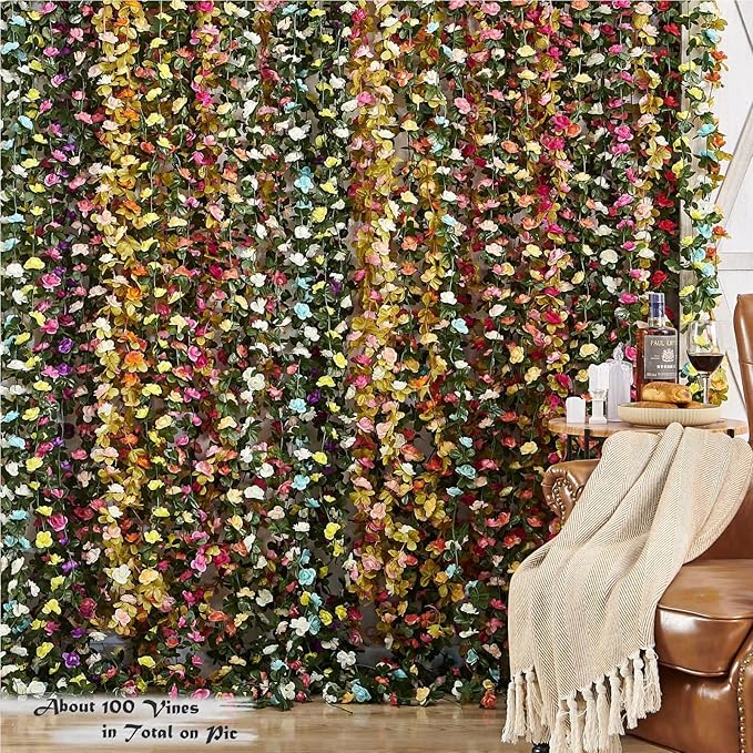 PONKING 6 Pcs x 8.2 ft Flower Garland Artificial Rose Vine Flowers with Green Leaves Hanging Fake Roses Vine for Room Party Home Wedding Birthday Christmas Wall Arch Decor, Spring Purple Flower