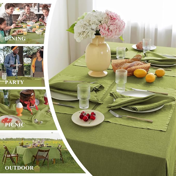 Linen World Vintage Tablecloths 60x120 Inch,100% French Linen Tablecloth,Classic Vintage Washed Table Cloths for Kitchen,Outdoor,Weddings,Decorative Thanksgiving Christmas,Moss Green