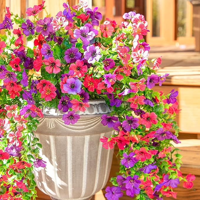 HyeFlora Artificial Flowers for Outdoors Decoration, 2Pcs Fake Hanging Spring Summer Decor, Purple and Hotpink Realistic Plants, UV & Fading Resistant Silk Flower for Porch Patio Balcony Planter Yard