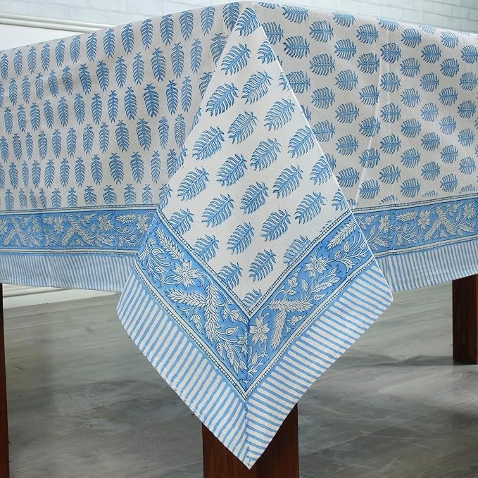 Ridhi Cerulean Blue Hand Block Print Cotton Rectangle Tablecloth 102" x 48" inches Reusable Table Cover Decorative Everyday Use for Dining Room, Farmhouse, Home Gift for Spring, Mother's Day