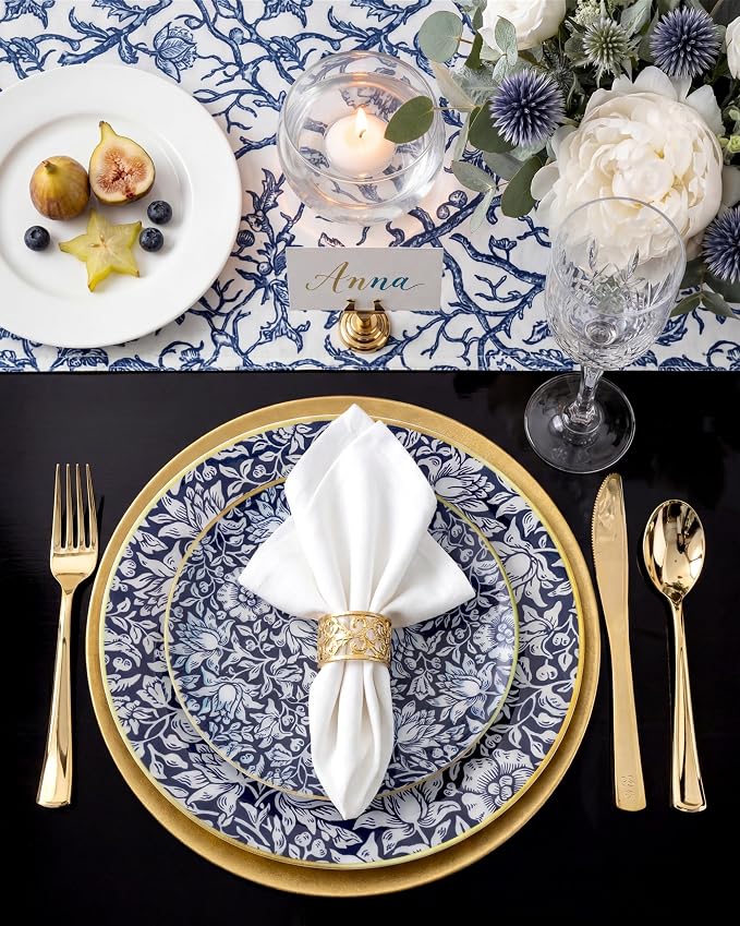 Hioasis 60pcs Plastic Disposable Plates Set - Blue & White Floral Pattern with Gold Rim, 10.25 Dinner & 7.5 Dessert Plates for Wedding,Anniversary,Party and Holiday