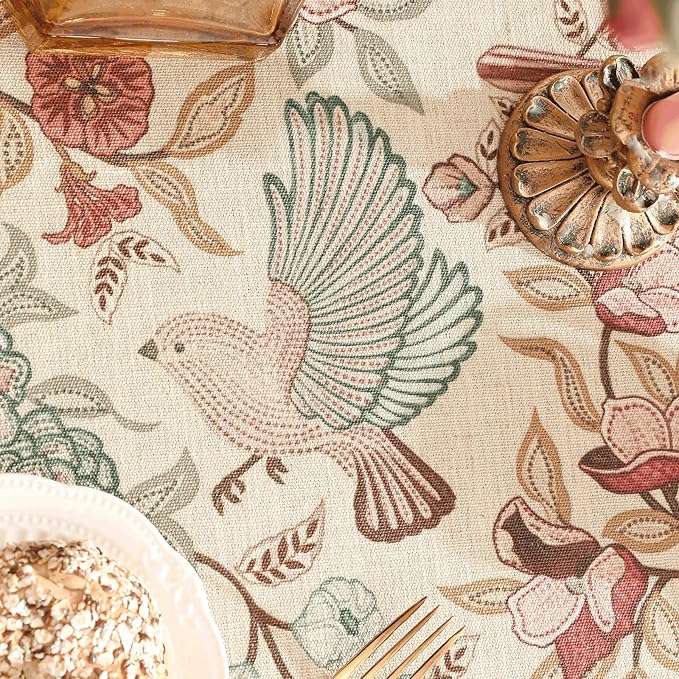 patdrea Vintage French Linen Tablecloth,Round,Diameter 55"-Kulom A | Elegant Table Cloth for Round Table,Leaves and Bird Patterned,Dining Room Tea Party Thanksgiving Decor,Pink