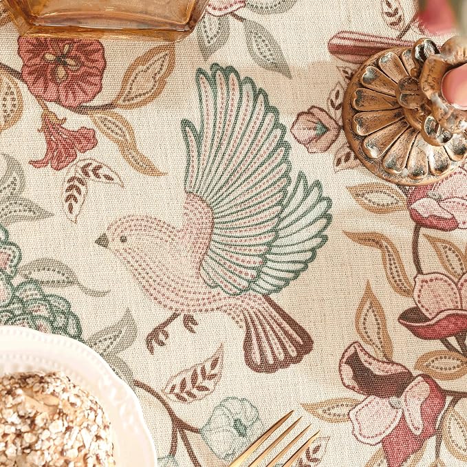 patdrea Vintage French Linen Tablecloth,Round,Diameter 67"-Kulom A | Elegant Table Cloth for Round Table,Leaves and Bird Patterned,Dining Room Tea Party Thanksgiving Decor,Pink
