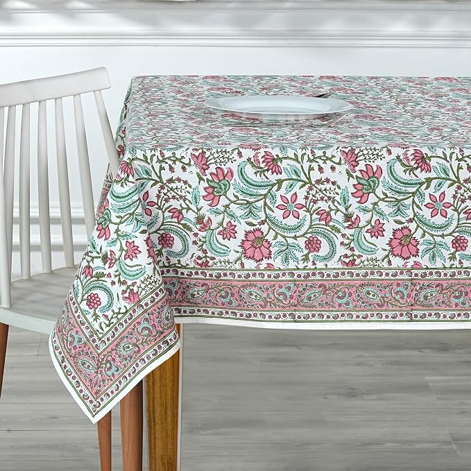 Ridhi Tulip Pink Hand Block Print Cotton Rectangle Tablecloth 140" x 72" inches Reusable Table Cover Decorative Everyday Use for Dining Room, Farmhouse, Home Gift for Spring, Mother's Day
