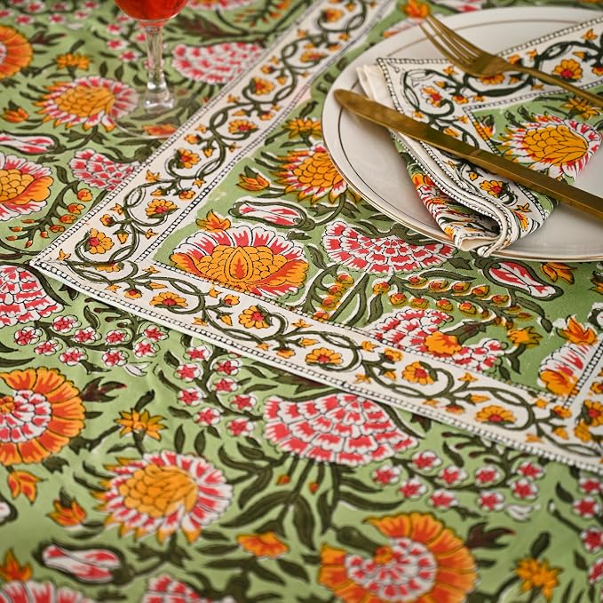 Hand Block Printed Tablecloth, Colorful Floral Print, Indian Artisan Handmade Art, Dining Room, Kitchen, Outdoor Décor, Party Decor, (Daisy Sunshine, 72 Inches Round, 6 Napkins)