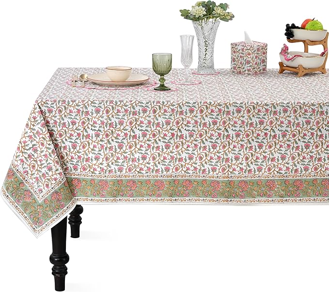 Ridhi Block Print Rose Pink Floral Vine Rectangle Cotton Tablecloth 108" x 60" Reusable Table Cover Decorative Everyday Use for Dining, Farmhouse, Home Gift for Spring, Easter, Valentine