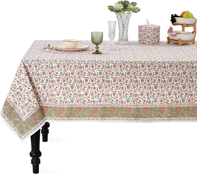 Ridhi Block Print Rose Pink Floral Vine Rectangle Cotton Tablecloth 190" x 72" Reusable Table Cover Decorative Everyday Use for Dining, Farmhouse, Home Gift for Spring, Easter, Valentine