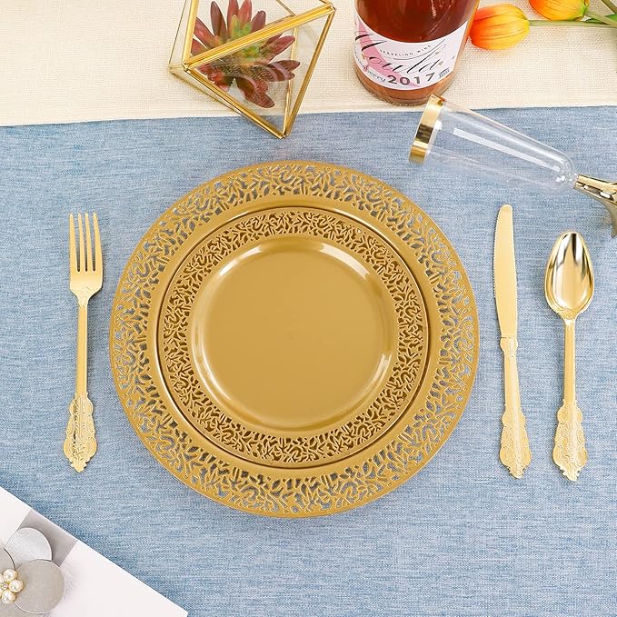 DaYammi 210Pcs Solid Gold Disposable Plates with Silverware and Cups,Gold Plastic Plates for Party Include: 30 Dinner Plate,30 Dessert Plate,30 Rolled Napkins with Cutlery,30 Cups for Party Wedding