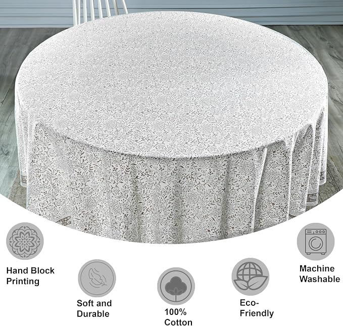 Ridhi Round Tablecloth Hand Block Print 100% Cotton Reusable Taupe Jal 60 Inch Table Cover Decorative Everyday Use for Dining, Home, Party, Wedding, Farmhouse, Party Gift for Spring, Mother's Day