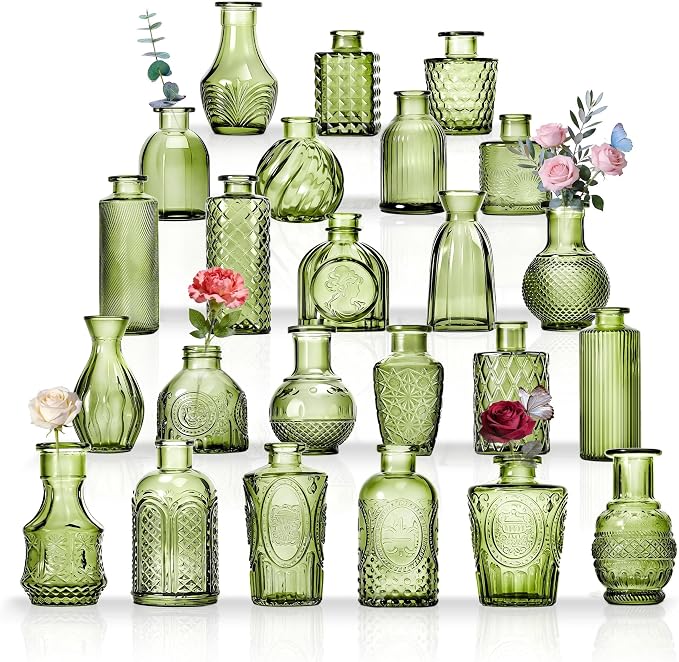 24PCS Mini Bud Vases As Wedding Centerpieces for Tables,Clear Bud Vases for Flowers,Small Flower Vases Suitable for Birthday Party,Anniversary,Wedding Reception,Baby Shower (Green, 24PCS)