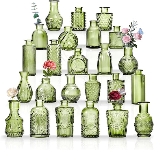 24PCS Mini Bud Vases As Wedding Centerpieces for Tables,Clear Bud Vases for Flowers,Small Flower Vases Suitable for Birthday Party,Anniversary,Wedding Reception,Baby Shower (Green, 24PCS)