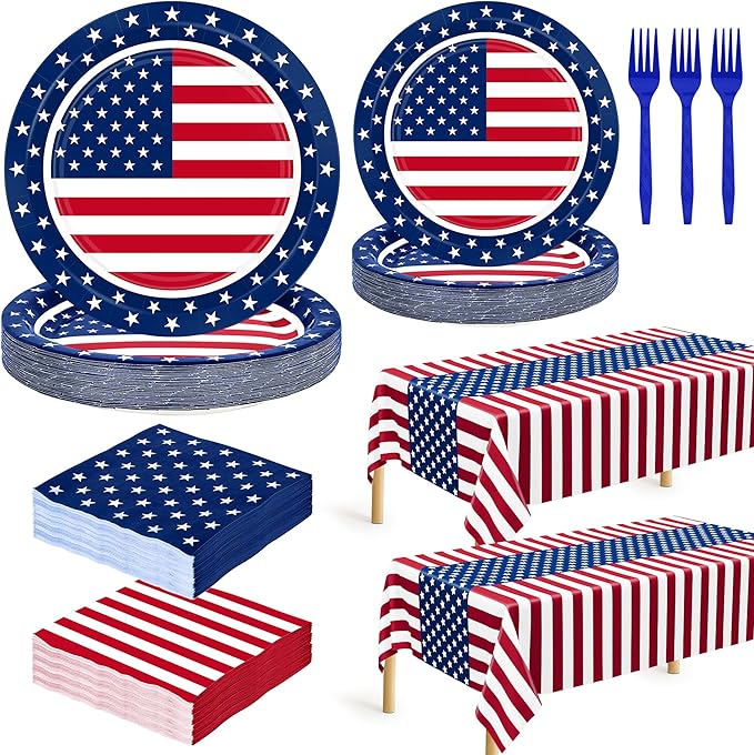 QZYL 122 PCS 4th of July Decorations, 30 Sets 250th Anniversary Patriotic Plates and Napkins, Disposable Fourth of July Paper Plate and Napkin Tablecloth Forks, USA Flags Memorial Day Party Supplies
