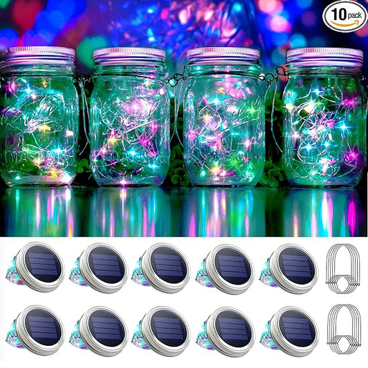 SmilingTown 30 LED 10 Packs Solar Mason Jar Lights [Updated] Fairy Firefly Jar Lids String Lights with Hangers Waterproof Patio Yard Garden Wedding Party Decoration - Colorful (NO Jars)