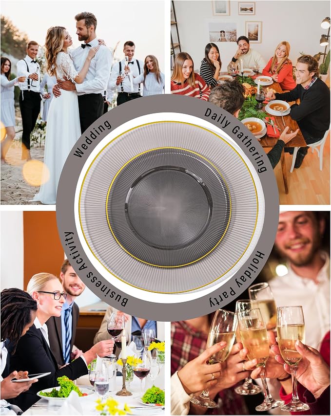 Hioasis 60pcs Black and Gold Plastic Plates - Black Disposable Dinnerware Set, 30pcs Dinner 10in & 30pcs Dessert 7in Plates with Striped Designs for Party & Wedding