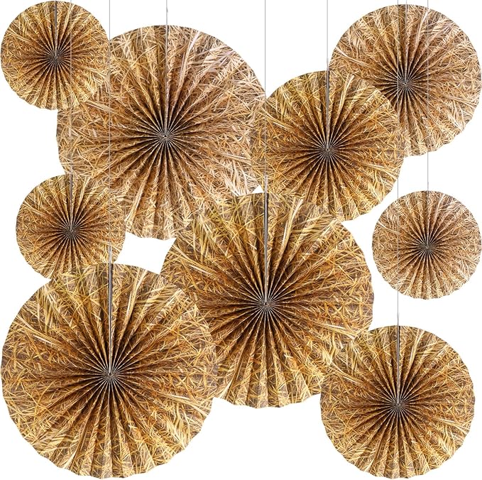 Outus 9 Pcs Western Cowboy Party Decorations Paper Fans Wagon Wheels Straw Hay Bales Hanging Ceiling Wall Decor for Country Western Themed Rodeo Farm Birthday Party Supplies (Straw)