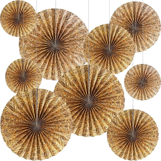 Outus 9 Pcs Western Cowboy Party Decorations Paper Fans Wagon Wheels Straw Hay Bales Hanging Ceiling Wall Decor for Country Western Themed Rodeo Farm Birthday Party Supplies (Straw)