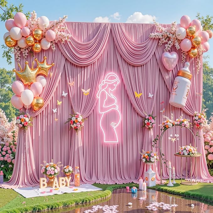 30x8ft Dusty Pink Photo Backdrop Curtains for Baby Shower Wrinkle Free Polyester Photoshoot Curtains Drapes Backdrop for Girls Birthday Party Wedding Graduation Photography Background 6 Panels 5x8FT