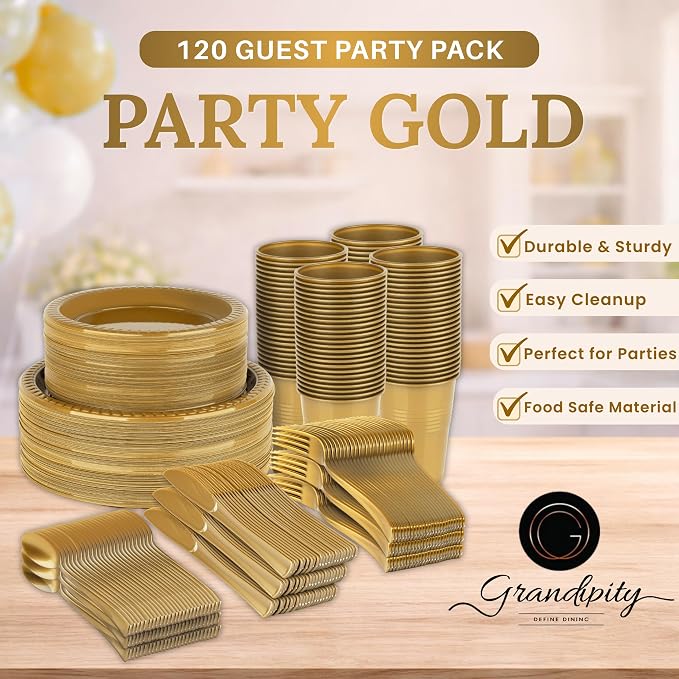 720 Piece Gold Disposable Dinnerware Set (120 Guests) Plastic Dinnerware Set Disposable - 120 Count, 9" Dinner Plates, 7" Dessert Plates, 12oz Cups, Forks, Knives & Spoons- Plastic Party Plates Set