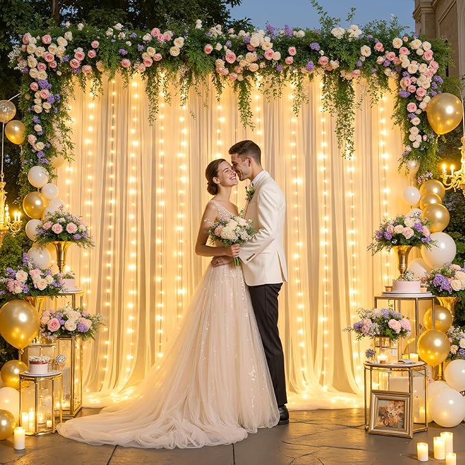 Champagne Tulle Backdrop Curtain with Lights String for Parites Wedding 5x8ft Champagne Sheer Backdrop Curtains for Bridal Shower Baby Shower Birthday Party Photo Booth Background Decorations