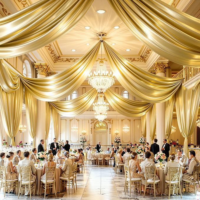 50x20ft Gold Ceiling Drapes, 10 Panels 20ft Height Wrinkle-Free Shimmer Tent Draping Curtains for Wedding Party Tent Canopy Arch Backdrop Decorations