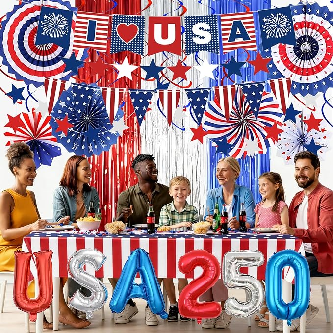 52 PCS US 250th Anniversary Decorations Set,Party Set for Independence Memorial Day Party Supplies Decor