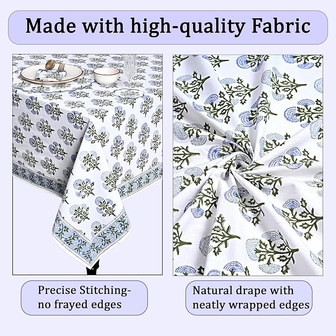 Ridhi Mughal Buta Blue Hand Block Print Cotton Rectangle Tablecloth 102" x 48" inches Reusable Table Cover Decorative Everyday Use for Dining Room, Farmhouse, Home Gift for Spring, Mother's Day