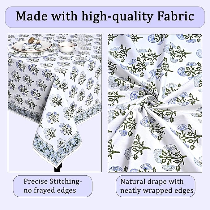 Ridhi Mughal Buta Blue Hand Block Print Cotton Rectangle Tablecloth 90" x 60" inches Reusable Table Cover Decorative Everyday Use for Dining Room, Farmhouse, Home Gift for Spring, Mother's Day