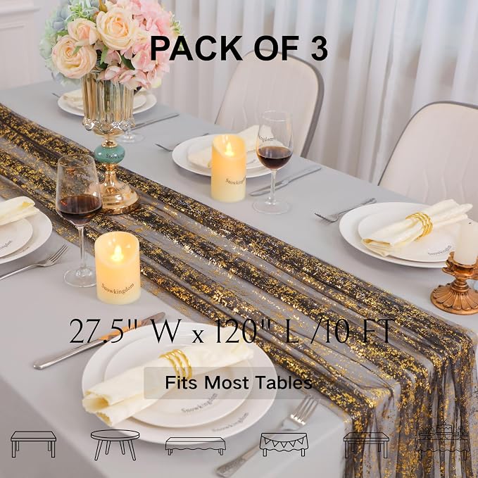 Snowkingdom 3 Pcs Black Gold Gauze Table Runner 10 FT 120 Inch, Sparkle Sheer Glitter Metallic Foil Tulle Mesh Cheesecloth Golden Table Centerpieces Decoration for Party Wedding Anniversary