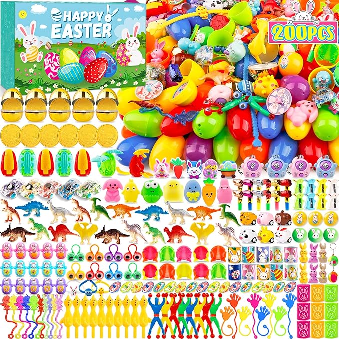 [ 6 Surprise Golden Eggs ] 200Pcs Prefilled Easter Egg with Assorted Toys, Bulk Plastic Easter Eggs Fillers for Kids, Basket Stuffers,Egg Hunt Party Favors Classroom Prizes Supplies for Boys Girls
