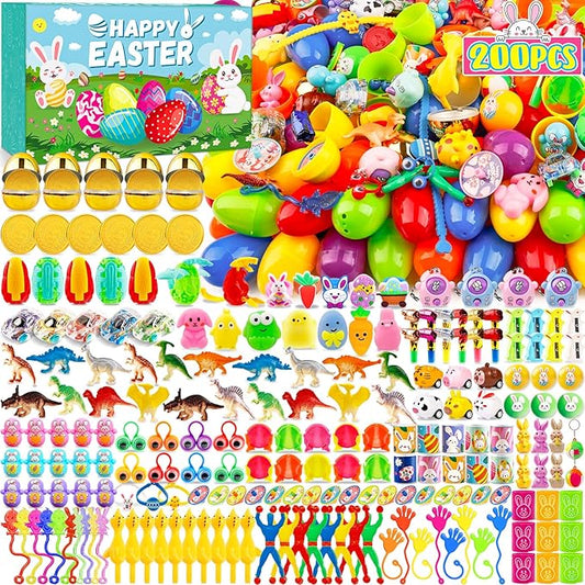 [ 6 Surprise Golden Eggs ] 200Pcs Prefilled Easter Egg with Assorted Toys, Bulk Plastic Easter Eggs Fillers for Kids, Basket Stuffers,Egg Hunt Party Favors Classroom Prizes Supplies for Boys Girls