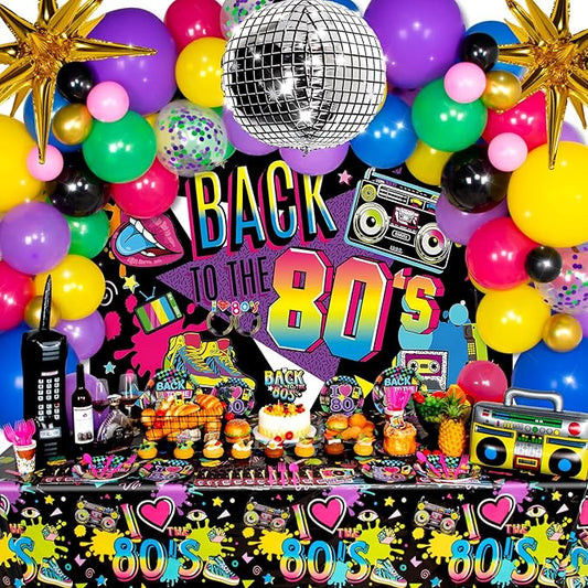 HJINGY 80s Party Decorations, 80s 90s Theme Birthday Party Supplies Includes Inflatable Radio Boombox & Mobile Phone, Back To The 80's Backdrop, Tablecloth, Plates, Napkins, Hip-Hop Cake Toppers