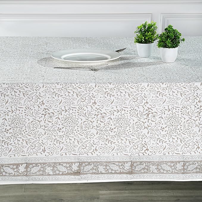 Ridhi Taupe Jal Hand Block Print Cotton Rectangle Tablecloth 90" x 60" inches Reusable Table Cover Decorative Everyday Use for Dining Room, Farmhouse, Home Gift for Spring, Mother's Day