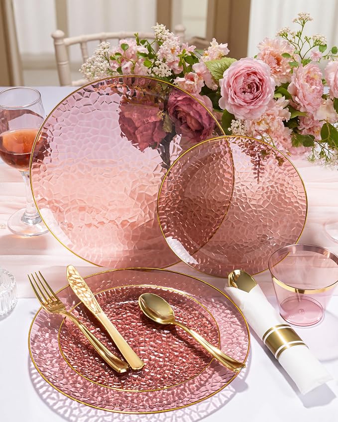 Hioasis 60pcs Burgundy Plastic Plates - Gold Rimmed Disposable, Hammered, Heavy-duty Dinnerware Set Suitable for 30 Guests, 10.25" Dinner & 7.5" Dessert Plates for Party & Wedding
