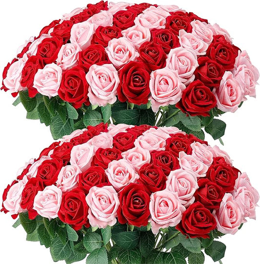 Auihiay 60PCS Artificial Roses, Pink and Red Roses, Velvet Silk Roses, Realistic Artificial Flowers for Mother's Day, Wedding Centerpieces, Bridal Bouquets, Home Decor, Anniversary, Valentine's Day