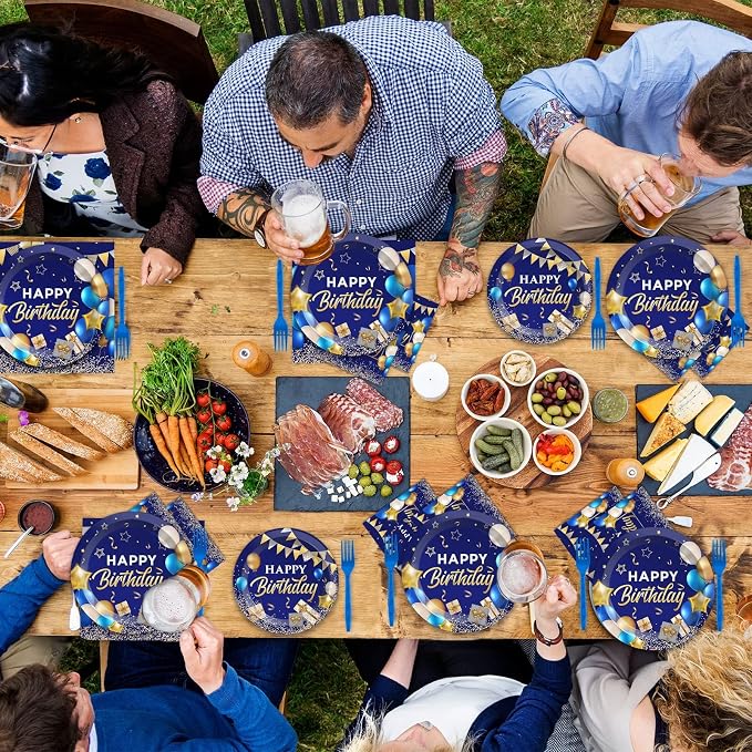 gisgfim 50 Guests Blue and Gold Birthday Plates and Napkins Party Supplies Navy Blue Party Tableware Set Blue Birthday Decorations Favors for Men Women Baby Shower 200 PCS