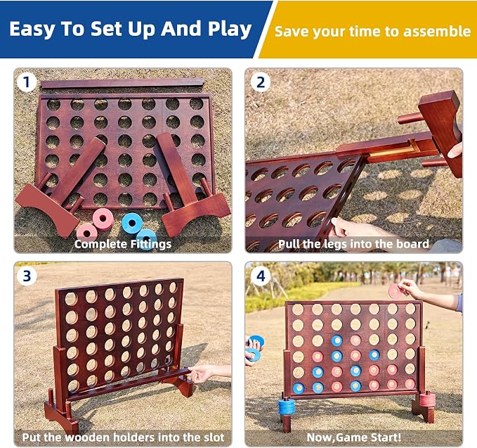 Giant Wooden 4 in a Row Vintage 2.8Ft Outdoor Yard Game for Adults Famliy, with 42 Pcs Chips & Durable Carrying Bag, Halloween Christmas Party Game Gifts for Lovers