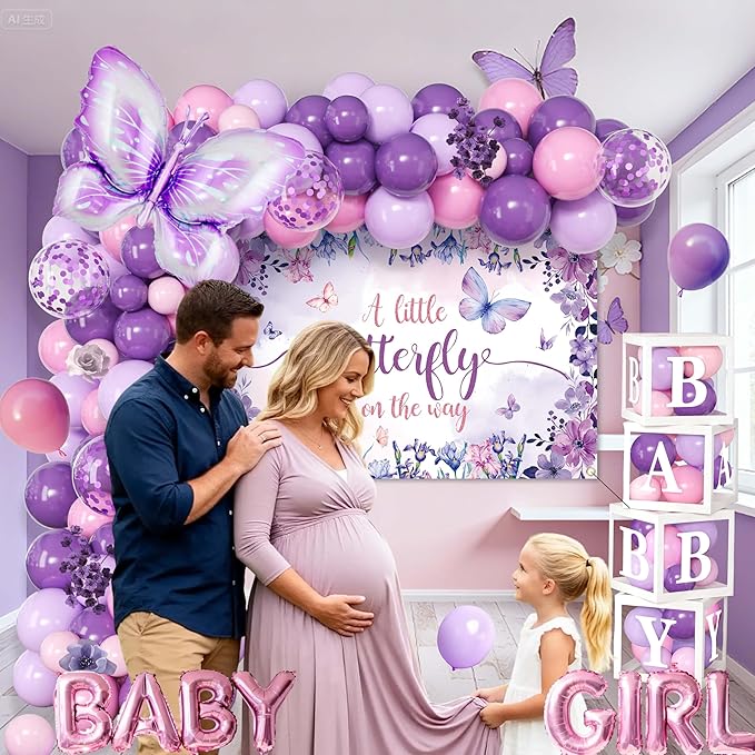 Purple Butterfly Baby Shower Decorations for Girl - Lavender Pink Party Supplies Include Balloon Garland Arch, Backdrop, Table Cover, 4 Boxes, Foil Balloons - A Little Butterfly is on the Way