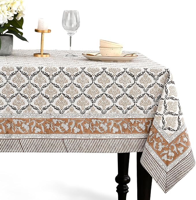 CPC Sandstone Regal Tablecloth 100% Cotton 72x140 Inch Indian Block Print Rectangle Table Cover, Table Cloth for Gifting in Weddings, Halloween, Fall, Christmas, Thanksgiving