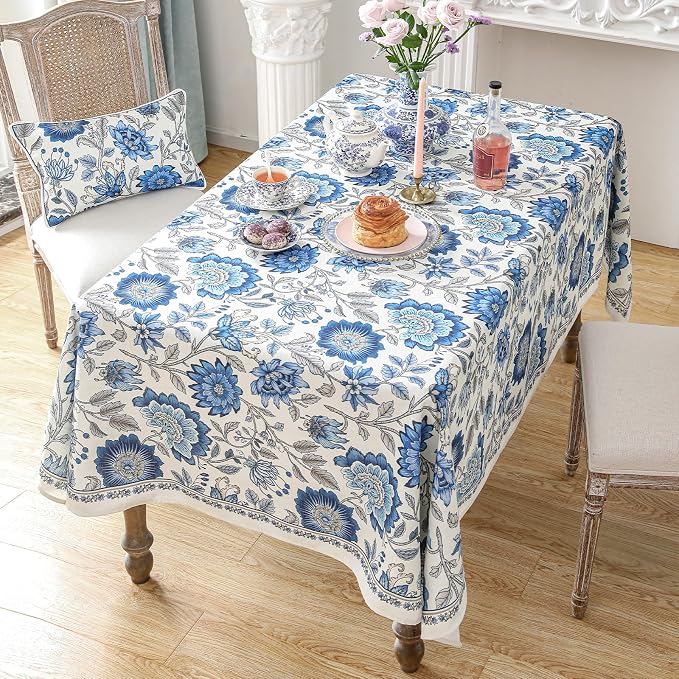 ISAENNE Designer French Linen Square Large Tablecloth,67"x67"-Blanch | Chinoiserie Vintage Elegant Table Cloth,Blue Floral Pattern,Beautiful,Dining Room,Kitchen,Tea Party,Thanksgiving,Decor
