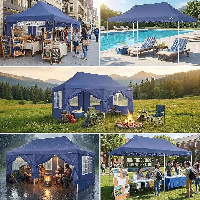 COBIZI Canopy 10x20 Pop Up Canopy Tent with Sidewalls, Waterproof Commercial Canopy Ez Outdoor Instant Gazebo UV Protection 50+ Event Shelter, Garden Tents for Parties with Sandbags, Navy Blue