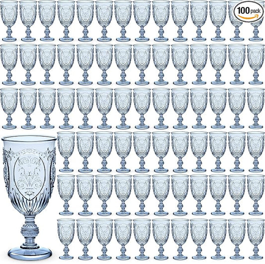 Wiwiqing 100 Pcs Plastic Goblets 7.5oz Vintage Goblet Plastic Wine Glasses Colored Retro Embossed Water Goblets for Wine Bar Juice Baby Shower Wedding Reception Grand Event Party (Blue)