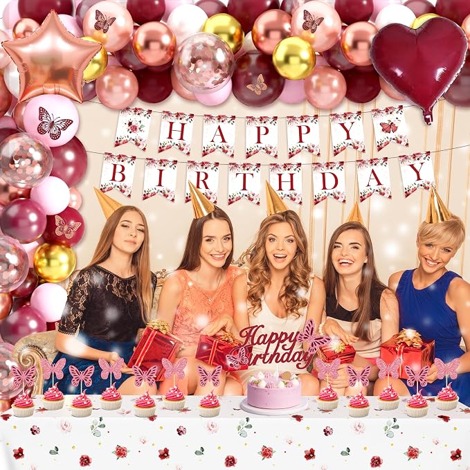 Burgundy Birthday Decorations for Women Girls, 144PCS Red and Rose Gold Party Supplies with Happy Birthday Banner & Backdrop, Tablecloth, 3D Butterfly Stickers, Balloon Arch Kit for Birthday Decor