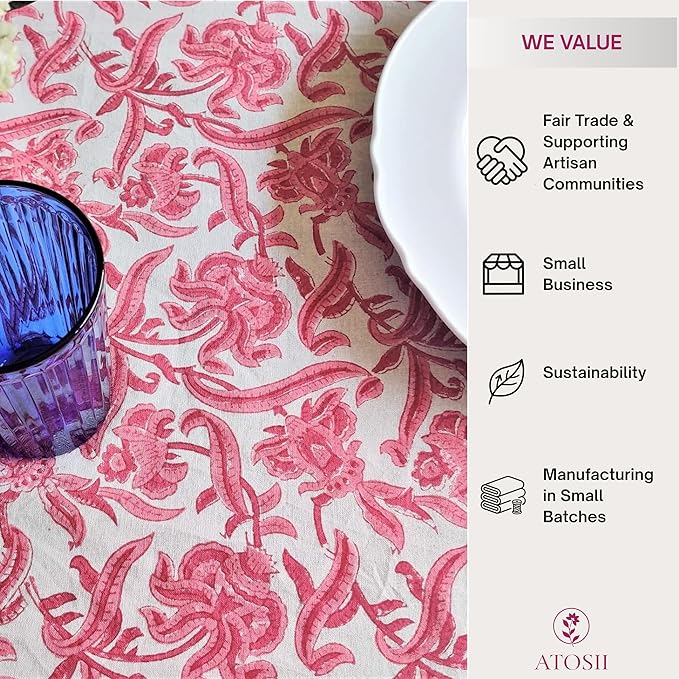 ATOSII Red Bloom 100% Cotton Tablecloth, Handblock Print Square Table Cover for Kitchen Dining I Tabletop Linen I Parties, Wedding, Spring SummerTable Cloth 60 X 60 Inches